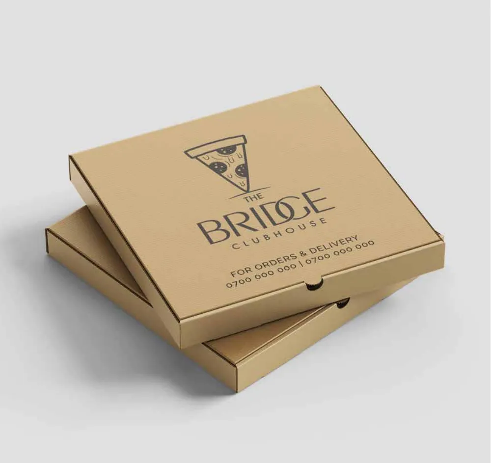 Pizza box, branded with The Bridge Clubhouse identity