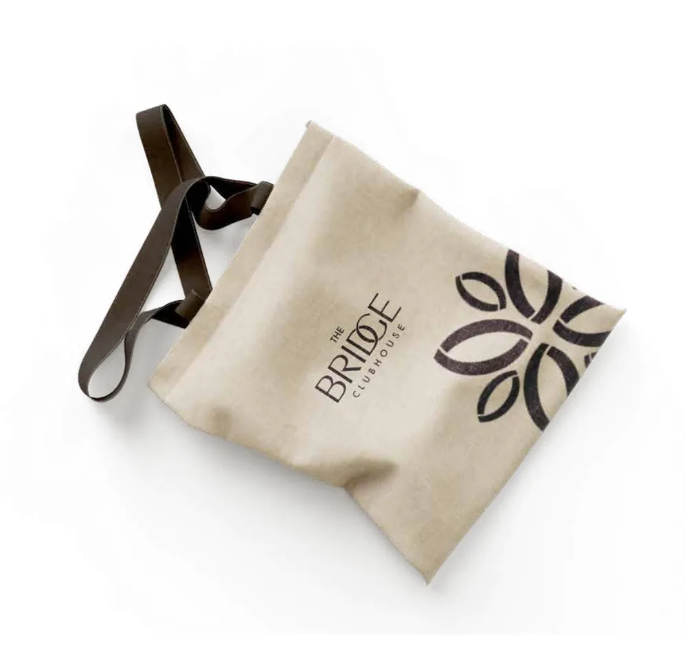 Linen pouch, branded with The Bridge Clubhouse identity