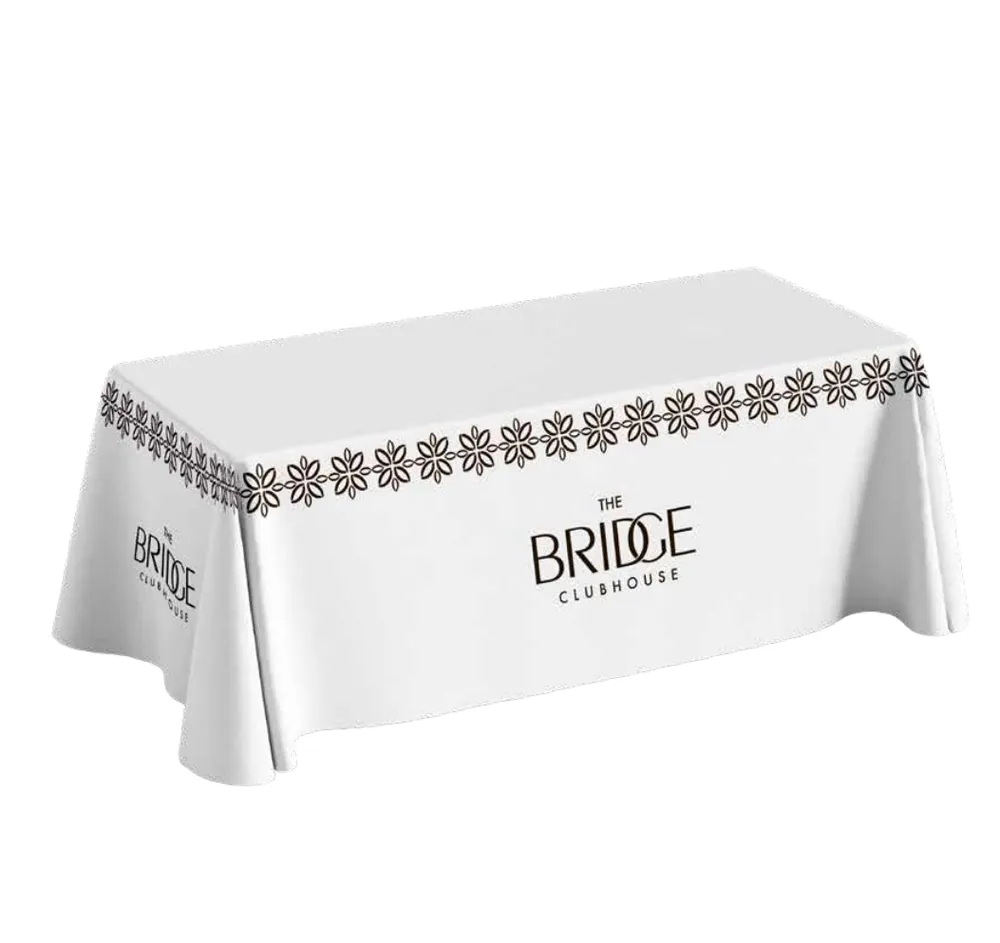 Table cloth, branded with The Bridge Clubhouse identity
