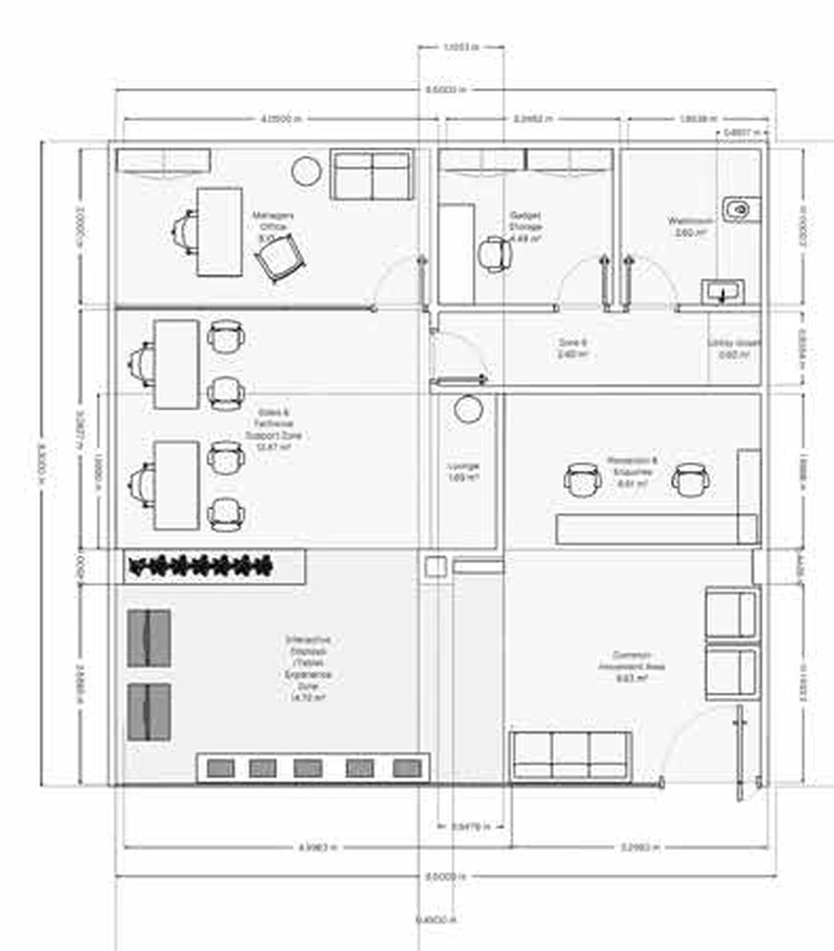 The furnished floor plan with desks, seating, display stands and shelving