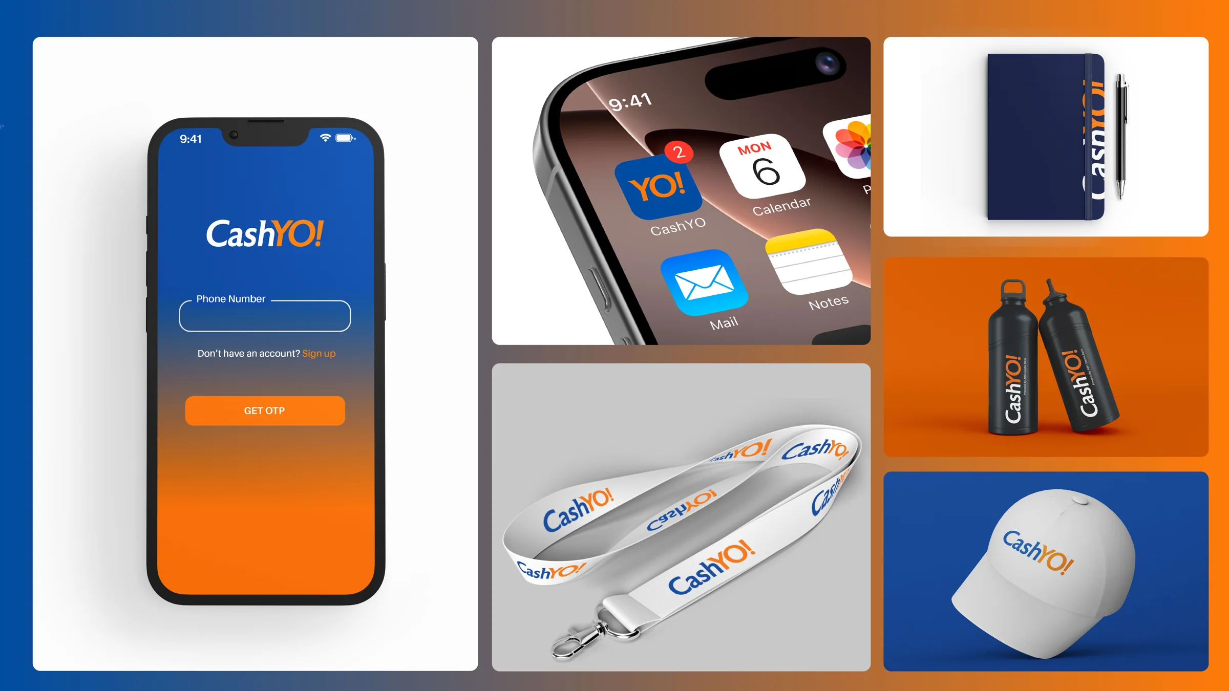 Direction 01 on a concept board: app screen, home-screen icon, notebook, bottles, lanyard and cap