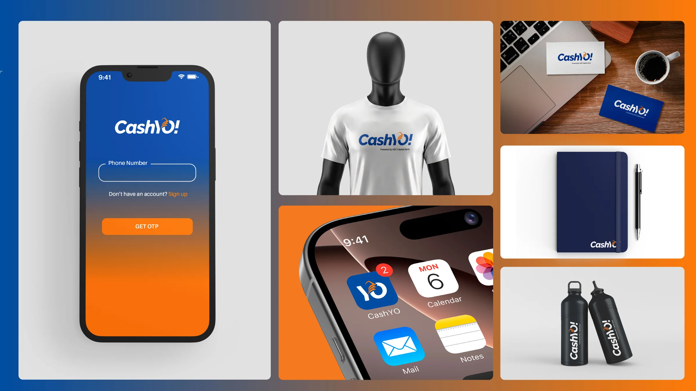 Direction 03 on a concept board: app screen, home-screen icon, notebook, bottles, lanyard and cap