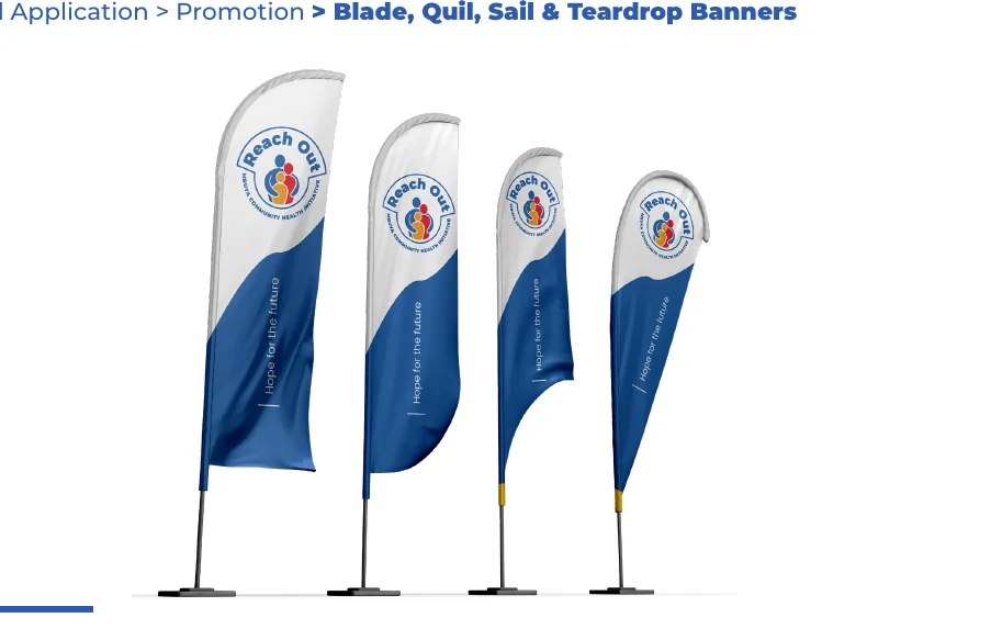 Blade, quill, sail and teardrop banners, branded with the Reach Out Mbuya identity