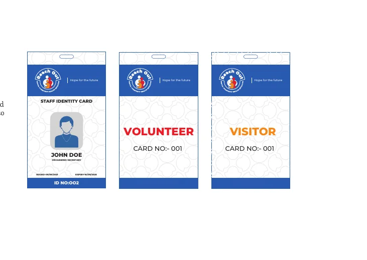 ID cards and tags, branded with the Reach Out Mbuya identity
