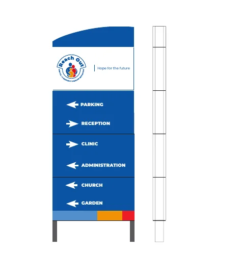 Directional totem, branded with the Reach Out Mbuya identity