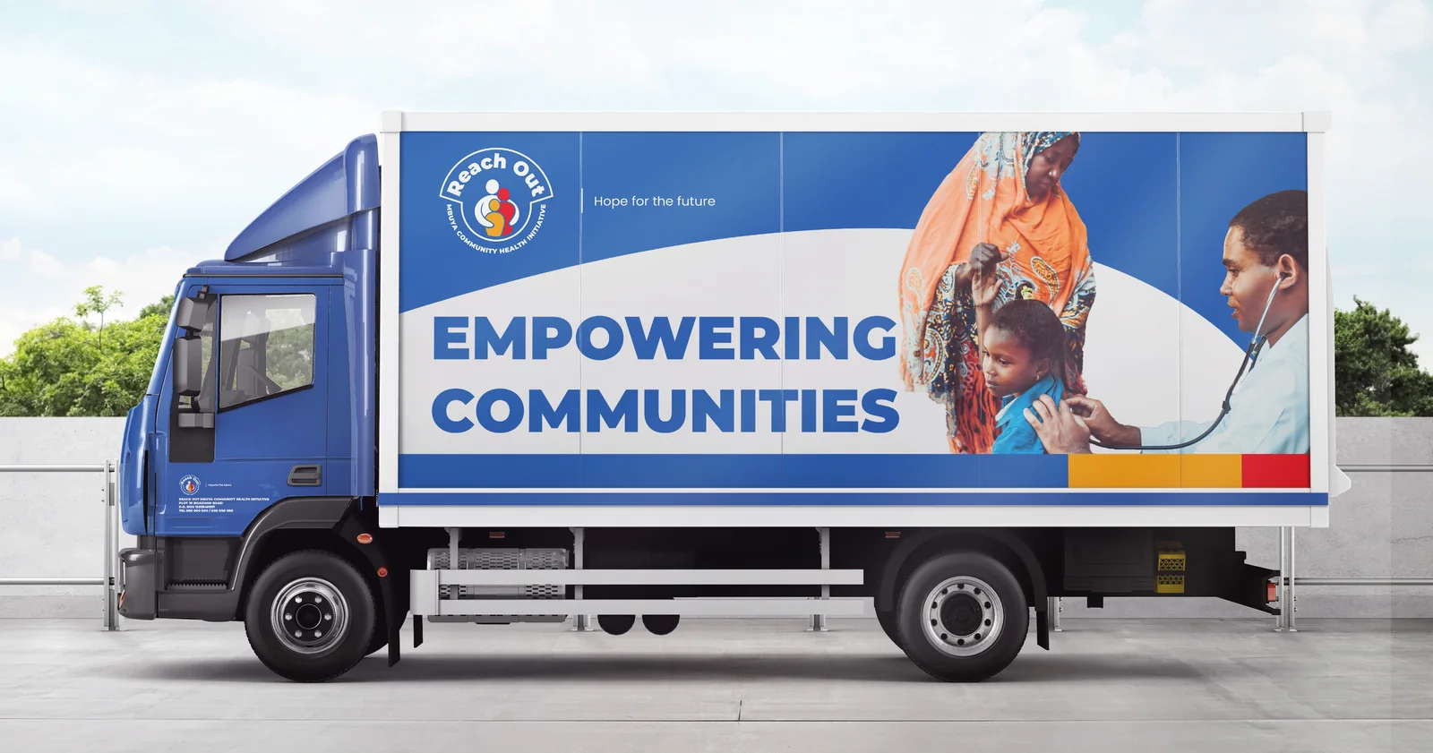 Delivery truck, branded with the Reach Out Mbuya identity