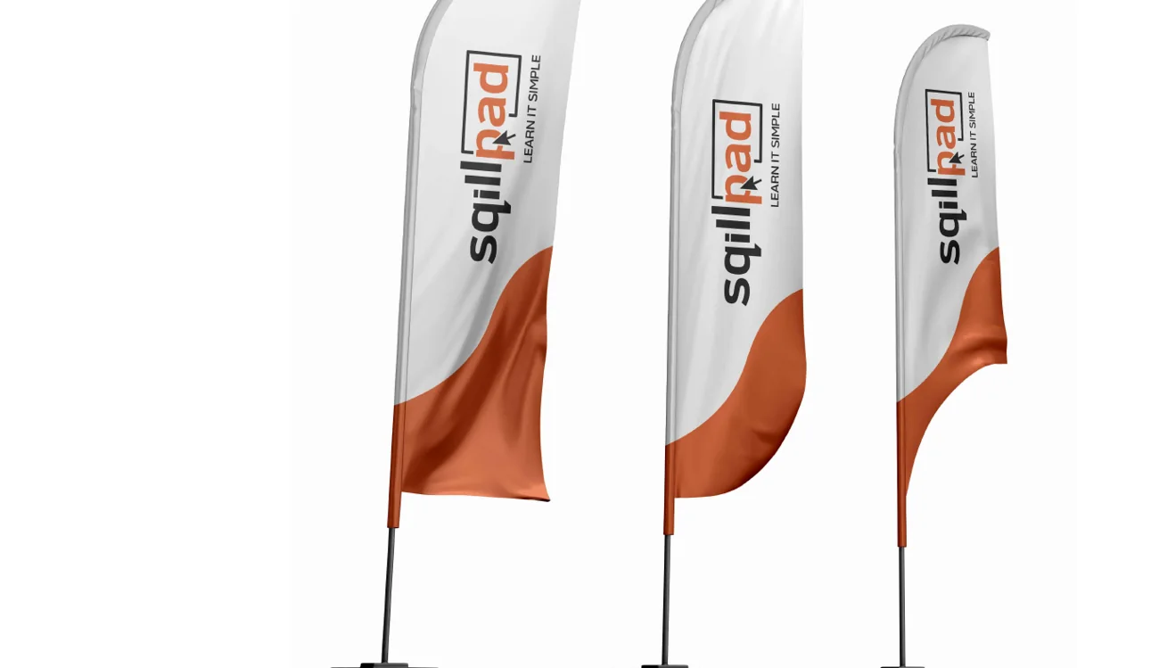 Blade and feather banners, branded with the Sqillpad identity