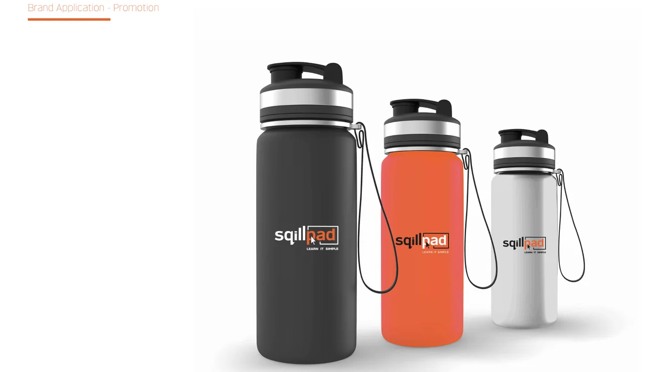 Water bottles, branded with the Sqillpad identity