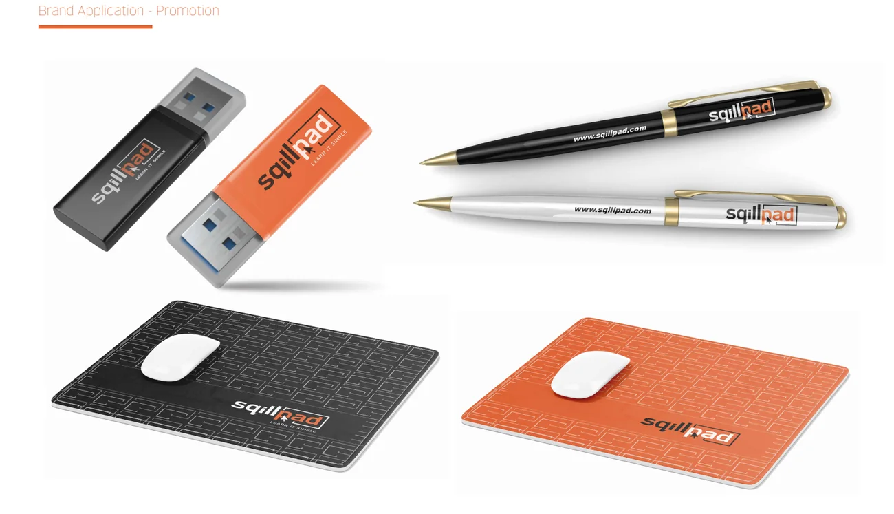 Pens, USB drives and mouse mats, branded with the Sqillpad identity