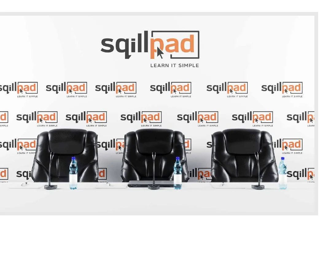 Press banner and backdrop, branded with the Sqillpad identity