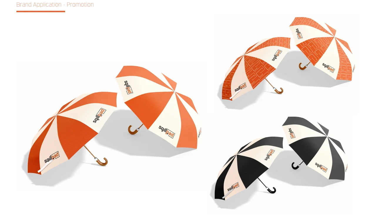 Umbrellas, branded with the Sqillpad identity