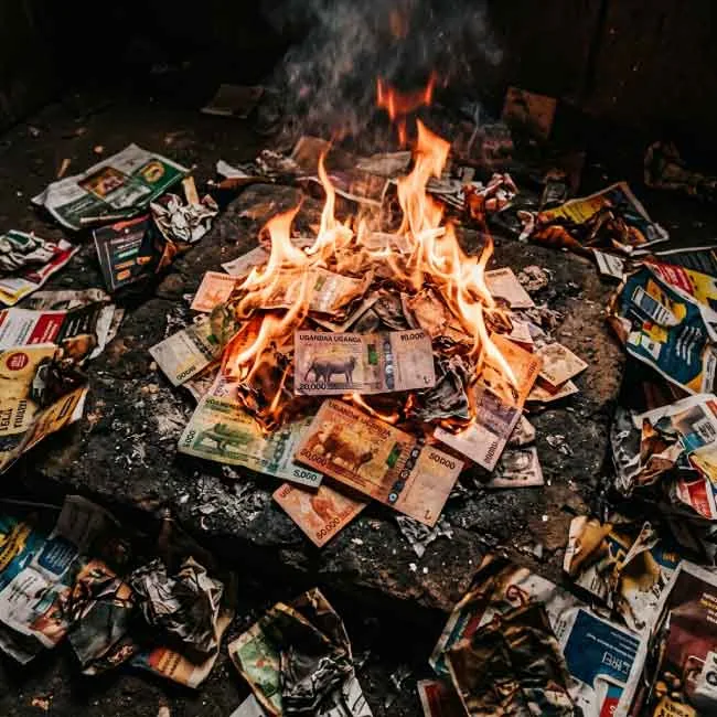 Printed advertising materials burning on a pile